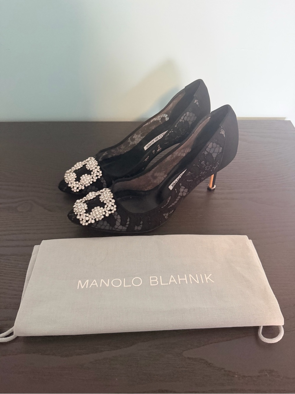 Manolo Blahnik Black Lace Pumps with Crystal Buckle